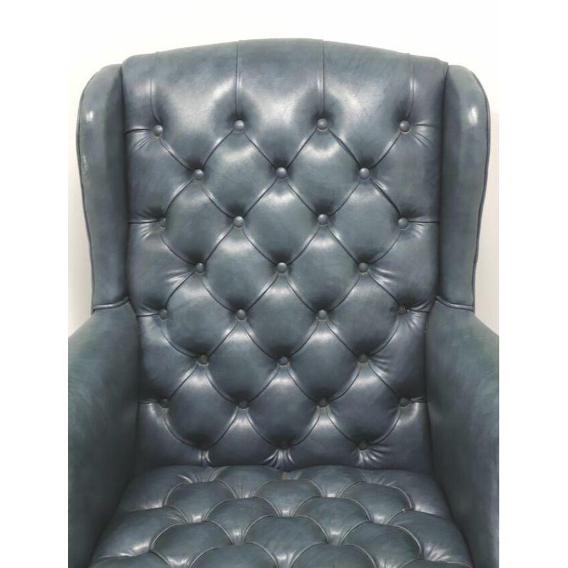 Mid 20th Century Vintage Tufted Blue Leather Queen Anne Wing Chair 1