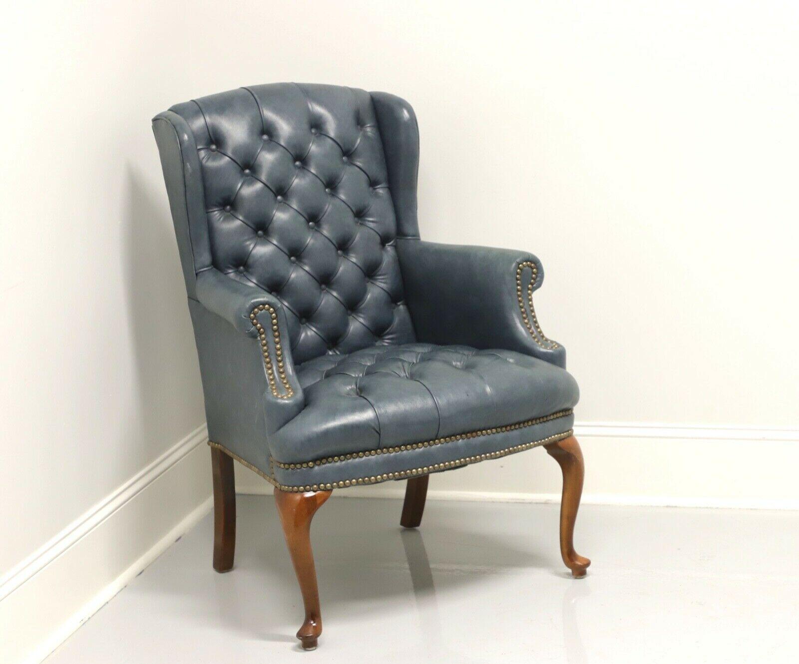 Mid 20th Century Vintage Tufted Blue Leather Queen Anne Wing Chair 5