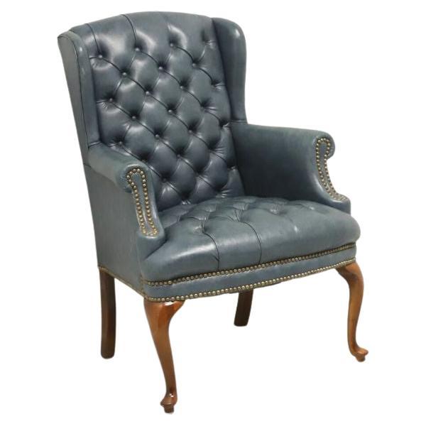 Mid 20th Century Vintage Tufted Blue Leather Queen Anne Wing Chair