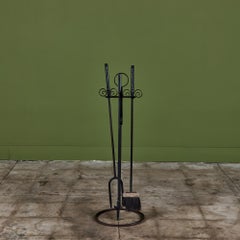 Vintage Mid-20th Century Wrought Iron Fireplace Tool Set with Stand
