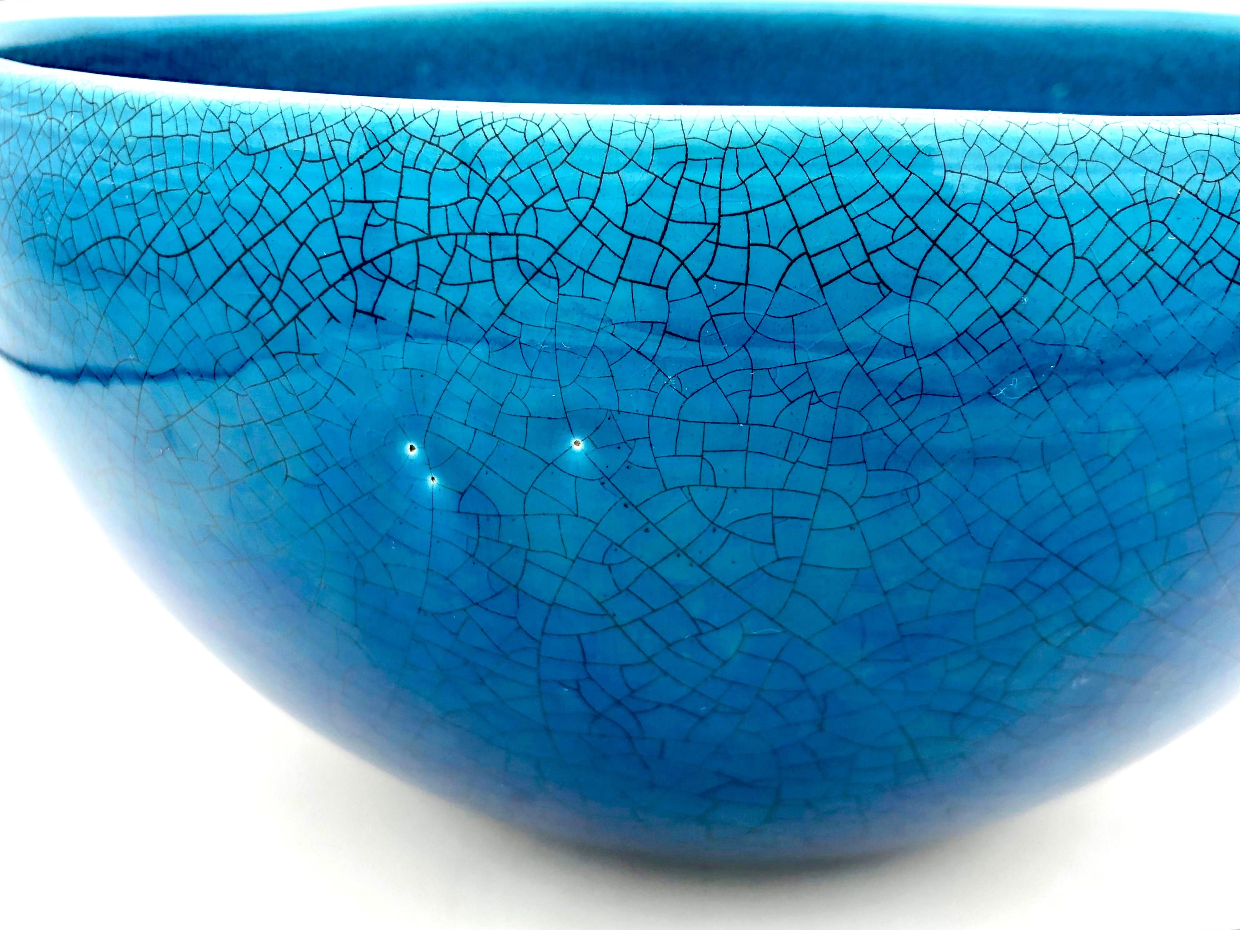 French Vintage Mid - 20thCentury Craqule Bowl Turquoise Blue For Sale
