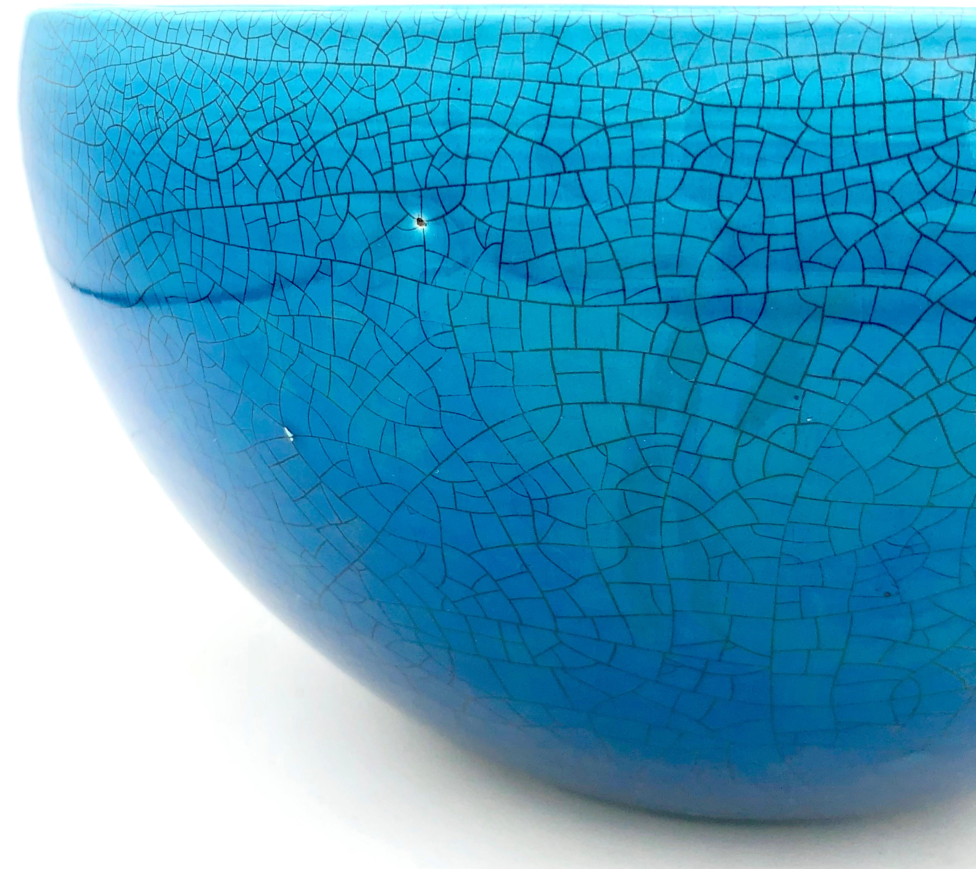 Hand-Crafted Vintage Mid - 20thCentury Craqule Bowl Turquoise Blue For Sale