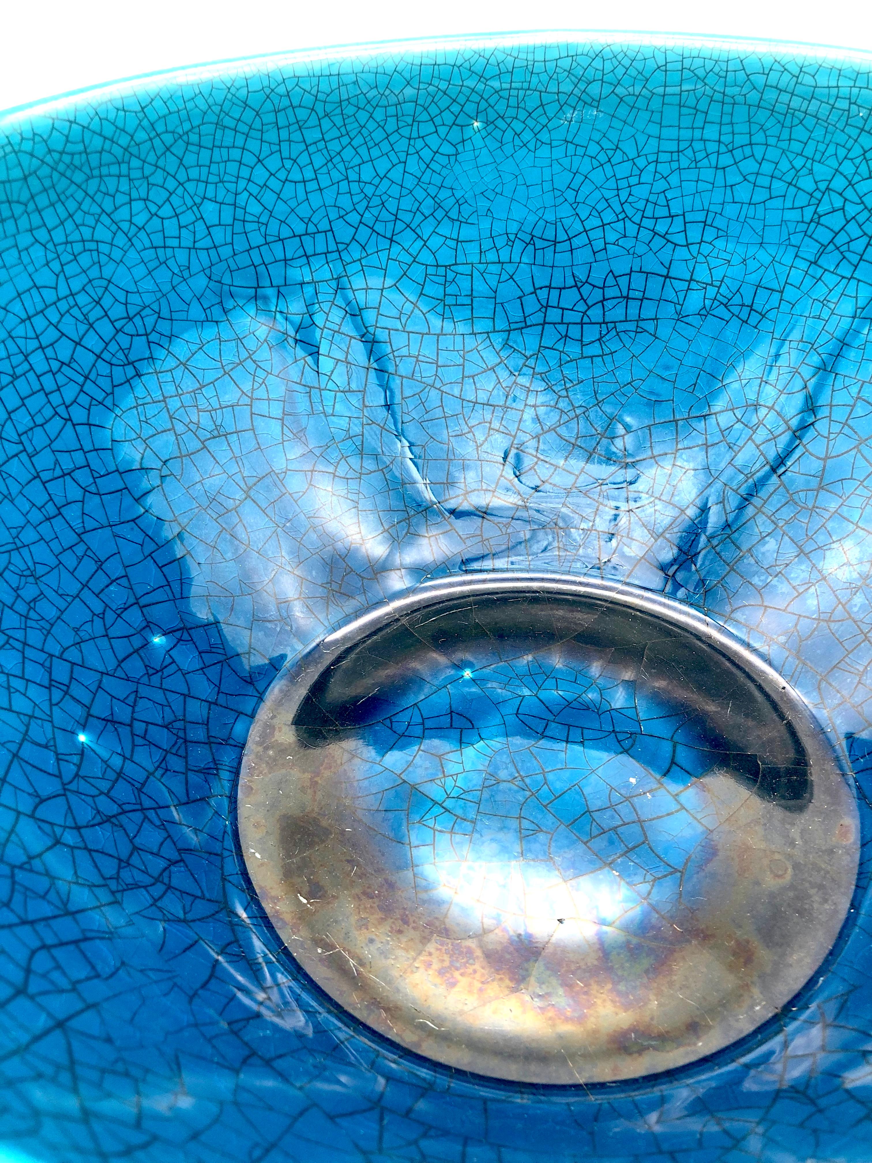 20th Century Vintage Mid - 20thCentury Craqule Bowl Turquoise Blue For Sale