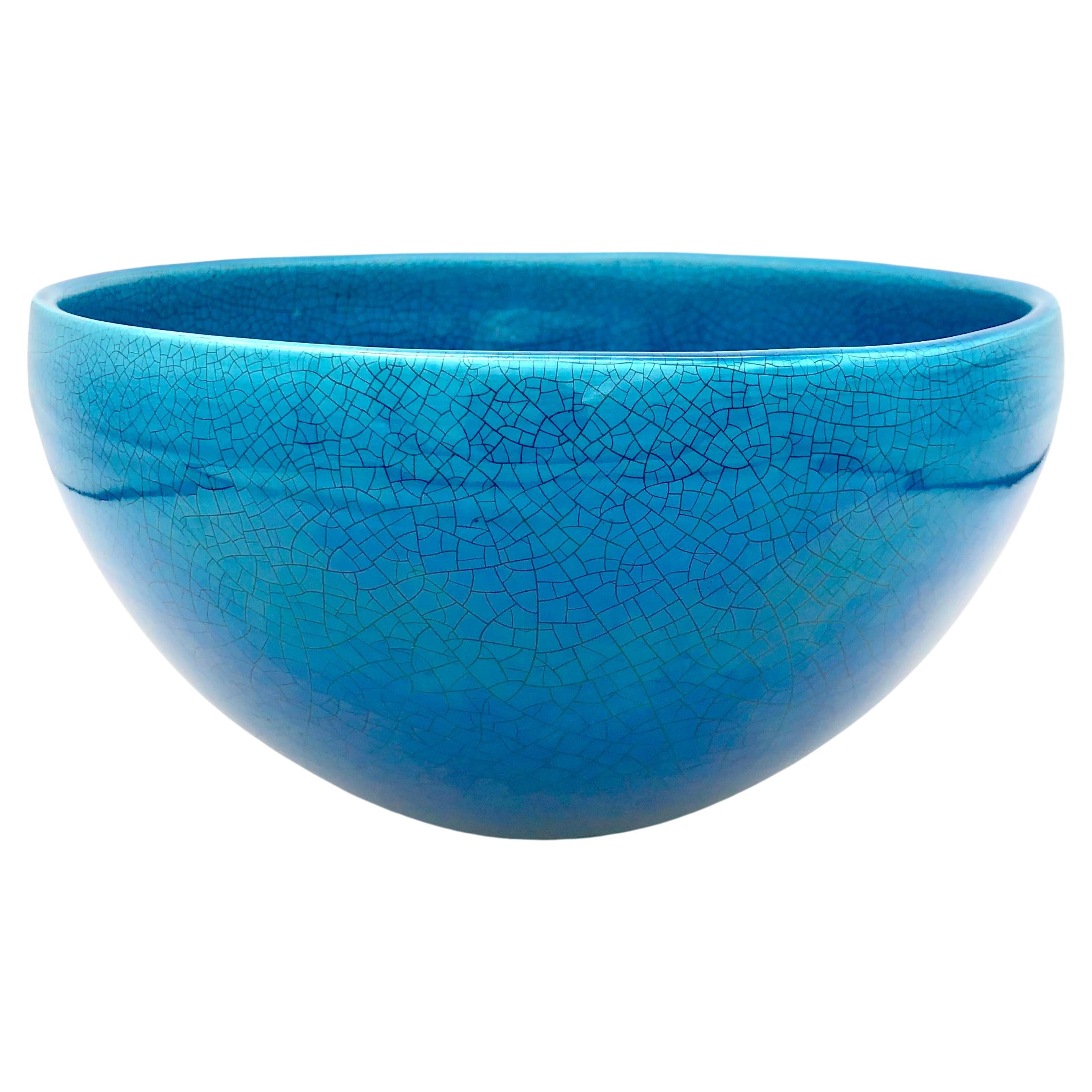 Vintage Mid - 20thCentury Craqule Bowl Turquoise Blue For Sale