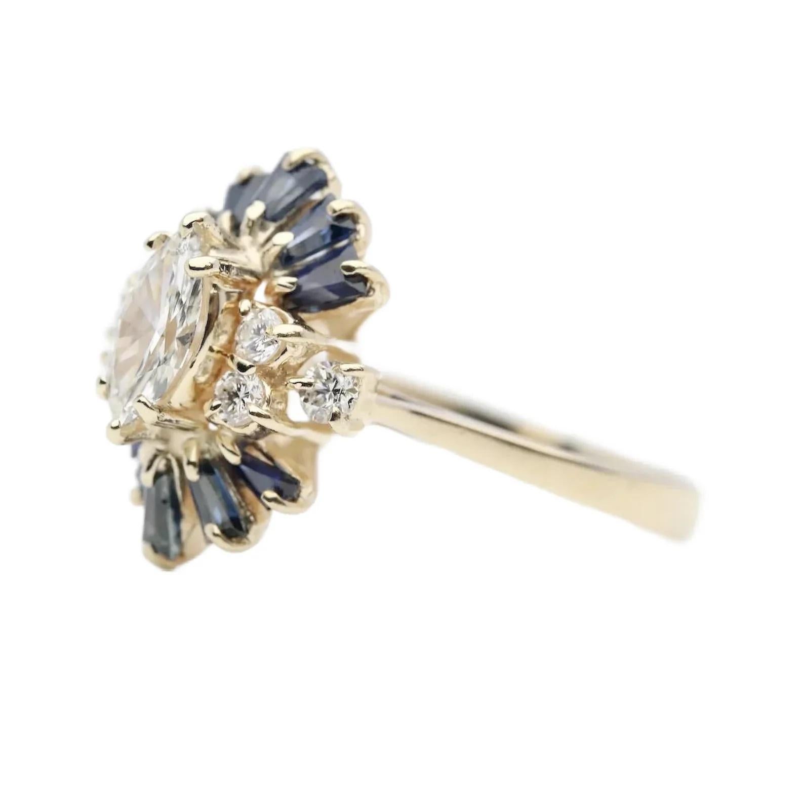 Retro Vintage Mid Century 1.18ctw Marquise Diamond & Sapphire Ring in 14K Yellow Gold For Sale