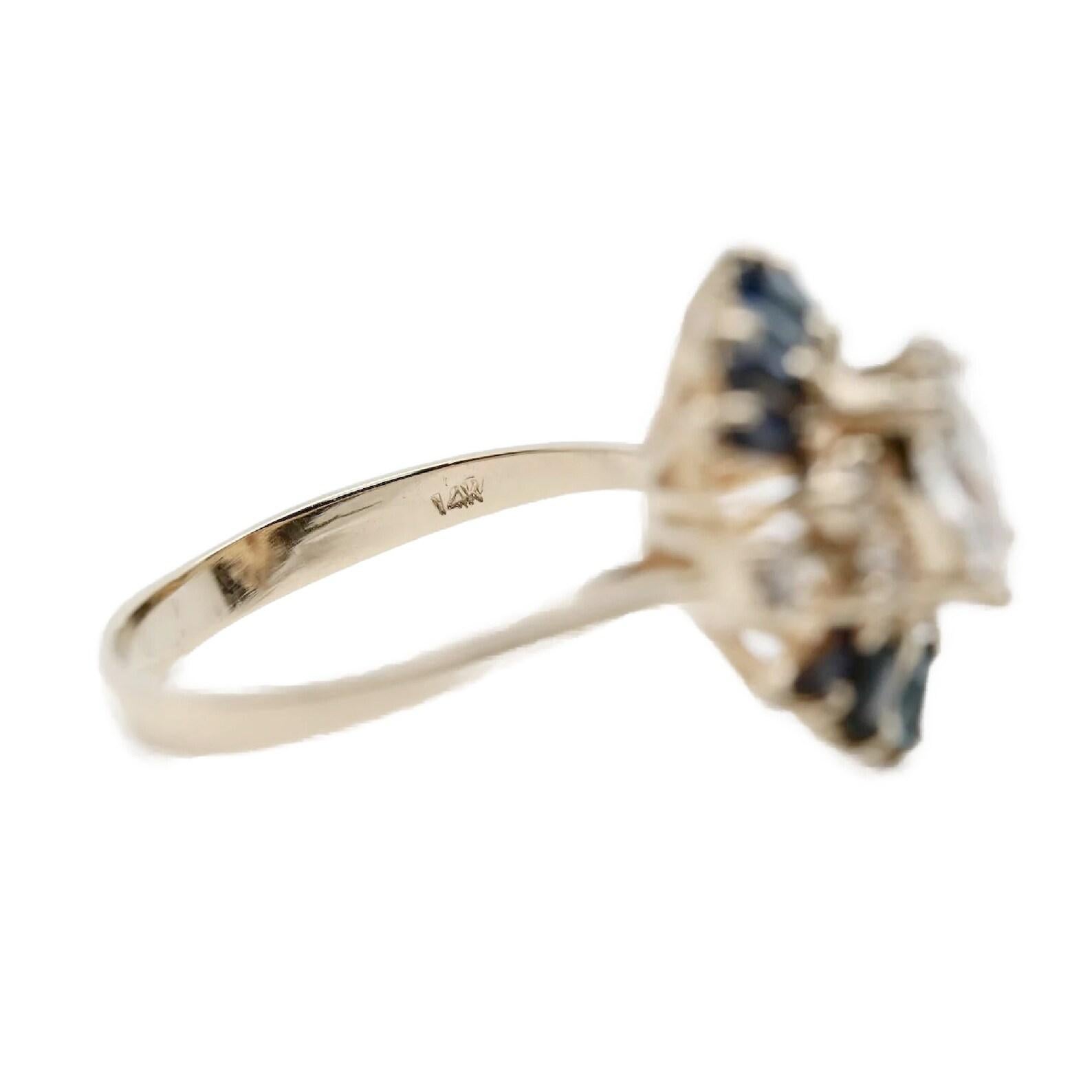 Vintage Mid Century 1.18ctw Marquise Diamond & Sapphire Ring in 14K Yellow Gold In Good Condition For Sale In Boston, MA