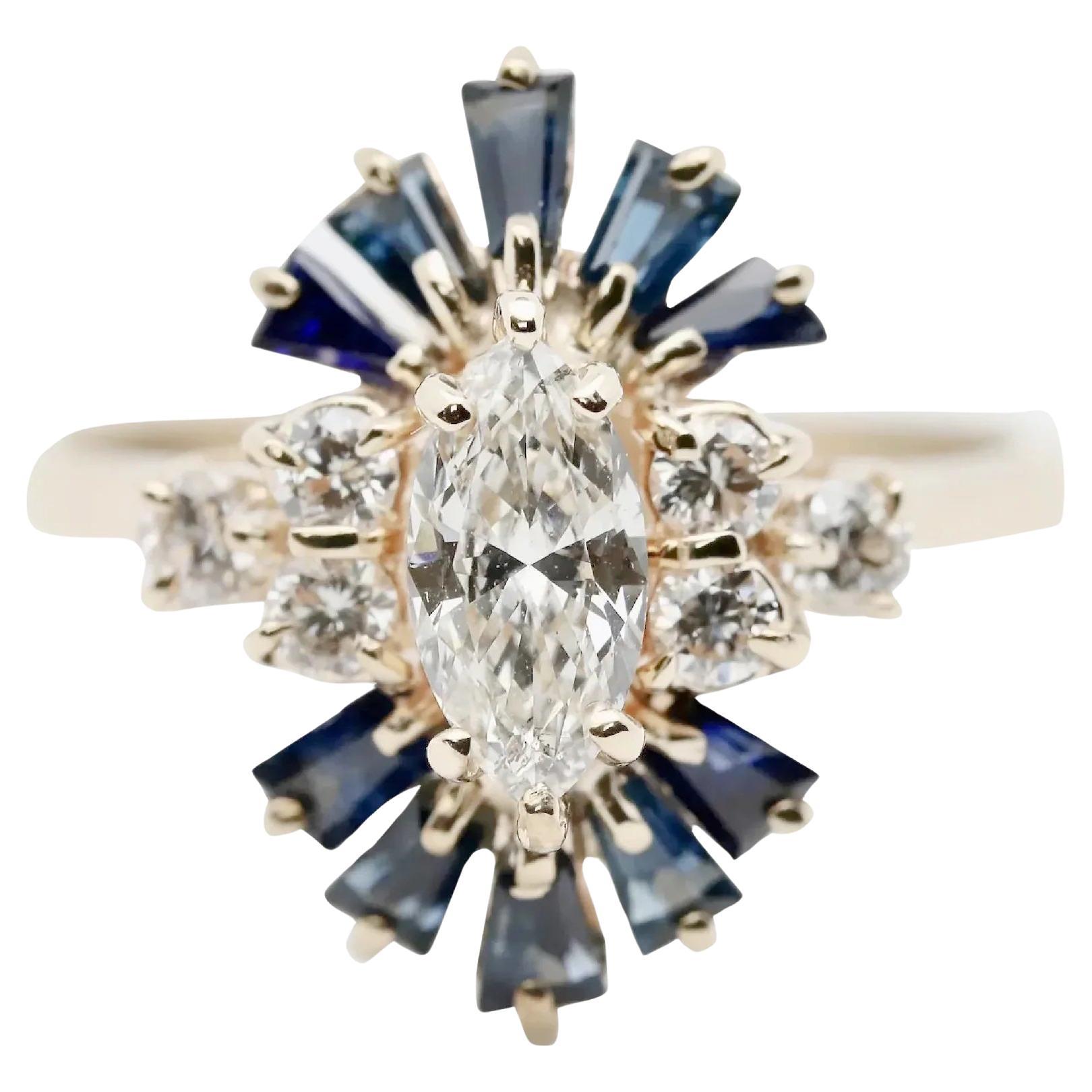 Vintage Mid Century 1.18ctw Marquise Diamond & Sapphire Ring in 14K Yellow Gold For Sale