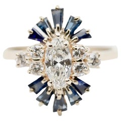 Vintage Mid Century 1.18ctw Marquise Diamond & Sapphire Ring in 14K Yellow Gold