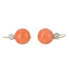 Vintage Mid-Century 14k Gold Coral Diamond Drop Earrings