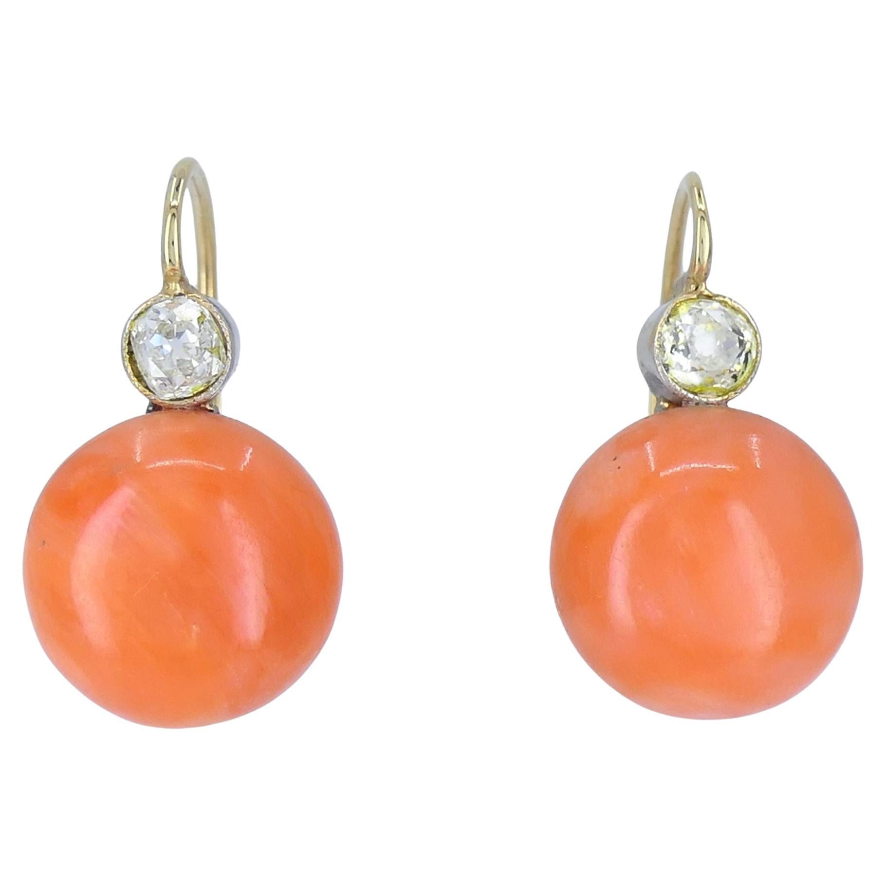Vintage Mid-Century 14k Gold Coral Diamond Drop Earrings
