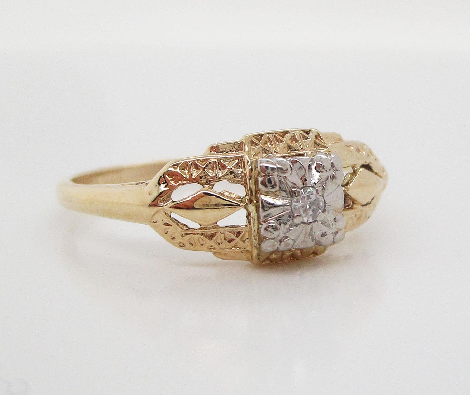 Modernist Vintage Midcentury 14 Karat White and Yellow Gold Diamond Engagement Ring
