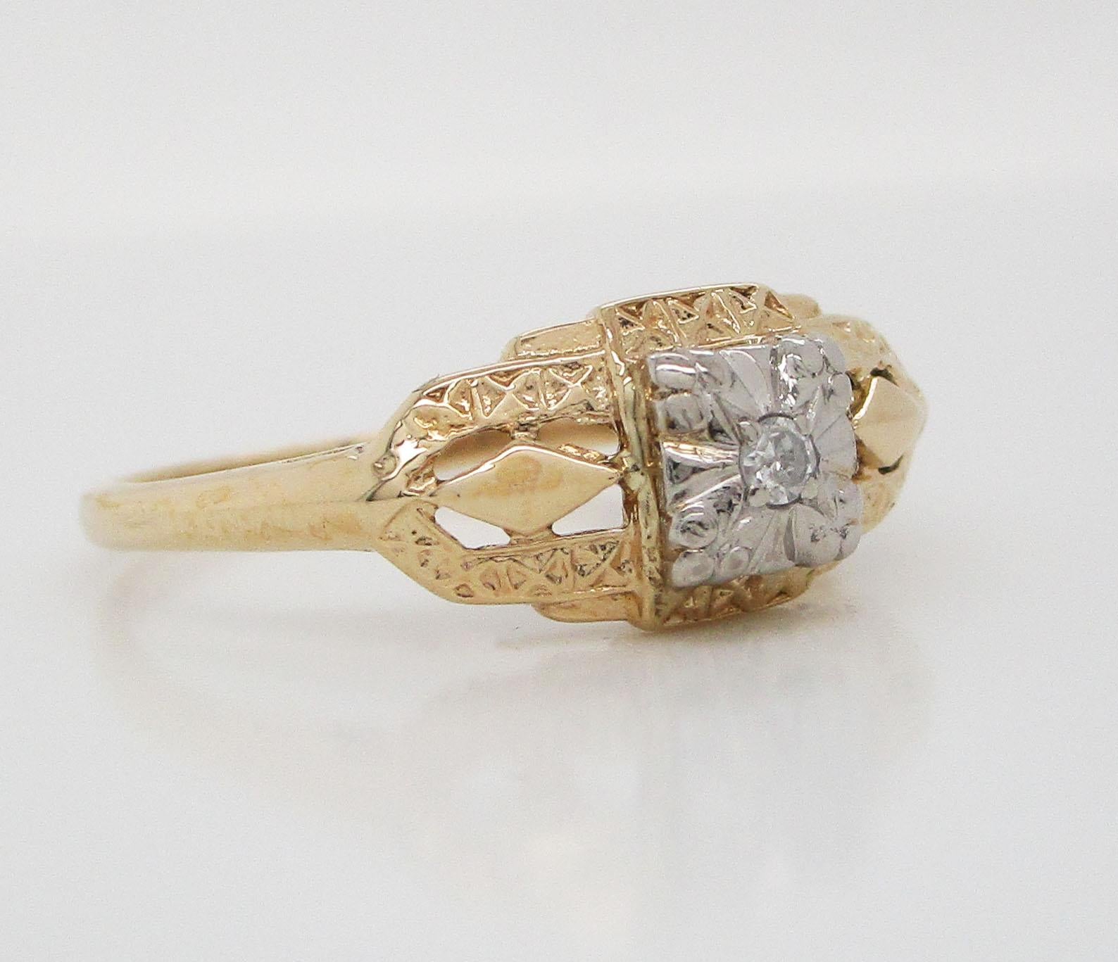 Round Cut Vintage Midcentury 14 Karat White and Yellow Gold Diamond Engagement Ring