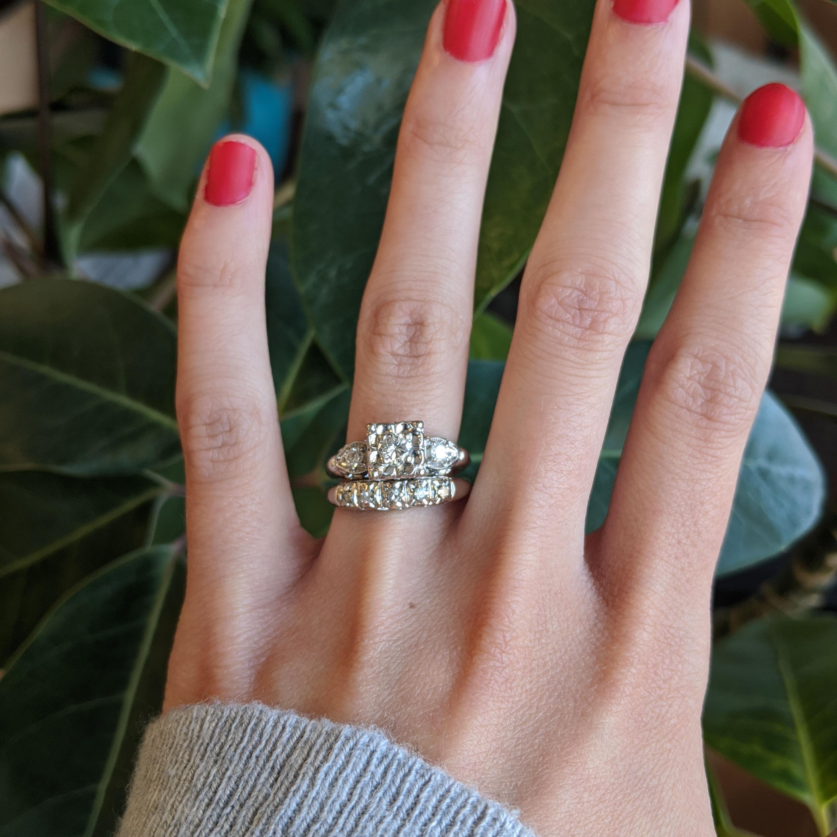 Vintage Midcentury 14 Karat Weißgold Diamant Hochzeit Set 12