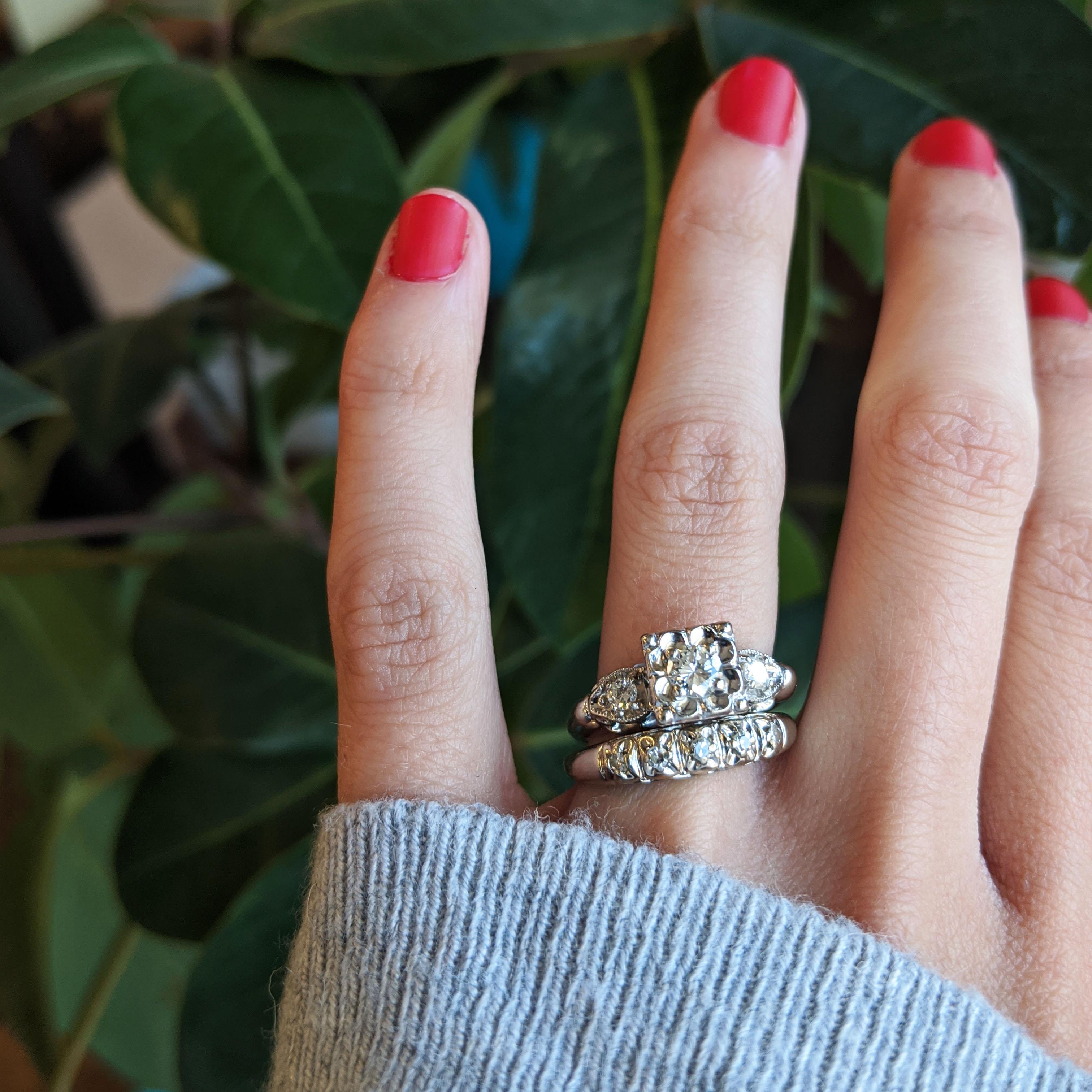 Vintage Midcentury 14 Karat Weißgold Diamant Hochzeit Set 13