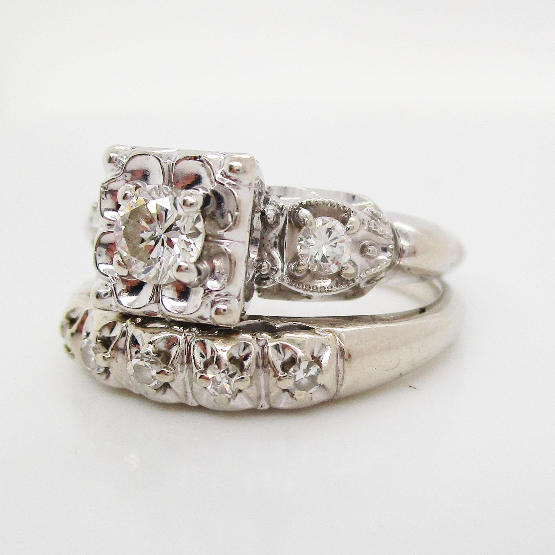 Modernist Vintage Midcentury 14 Karat White Gold Diamond Wedding Set