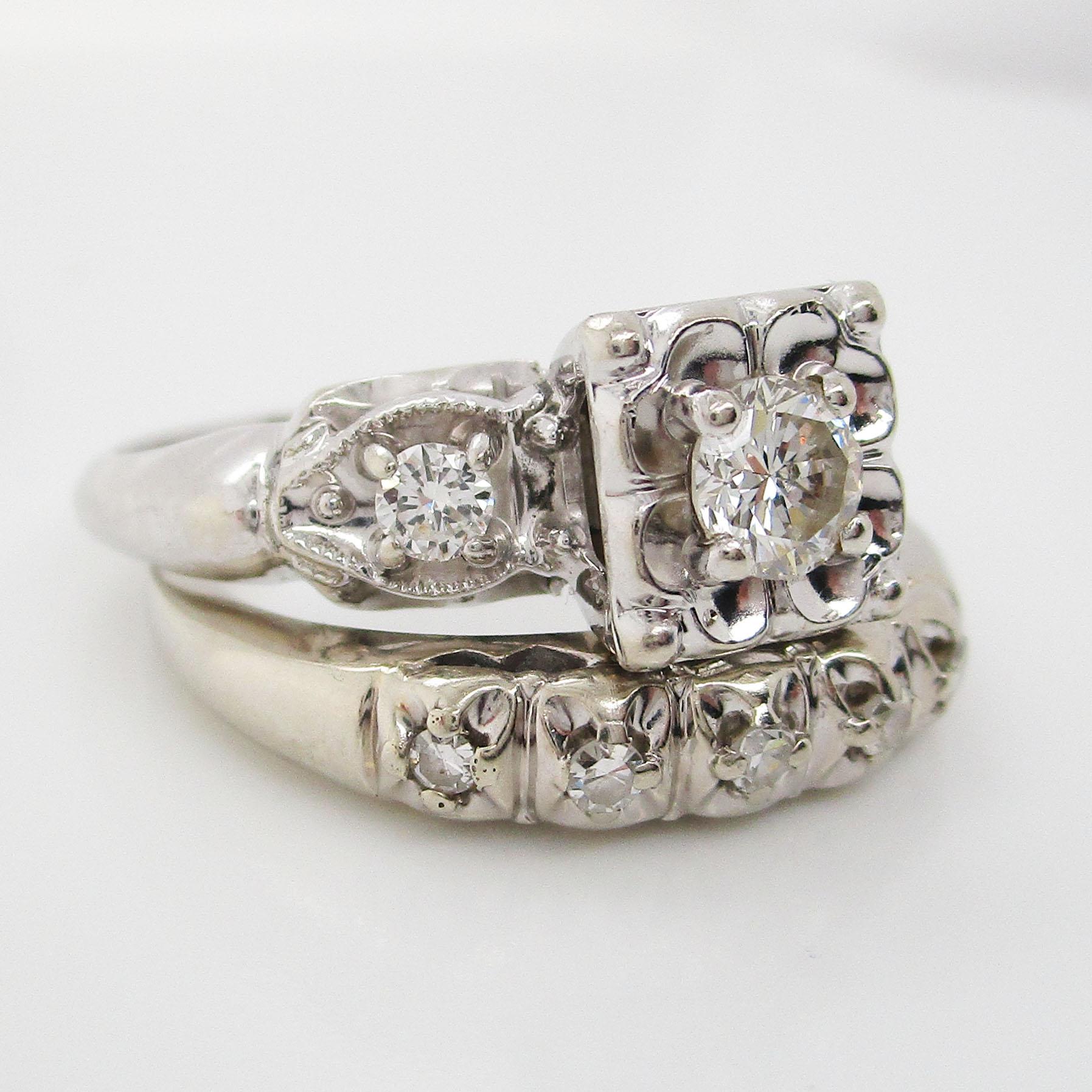 Round Cut Vintage Midcentury 14 Karat White Gold Diamond Wedding Set