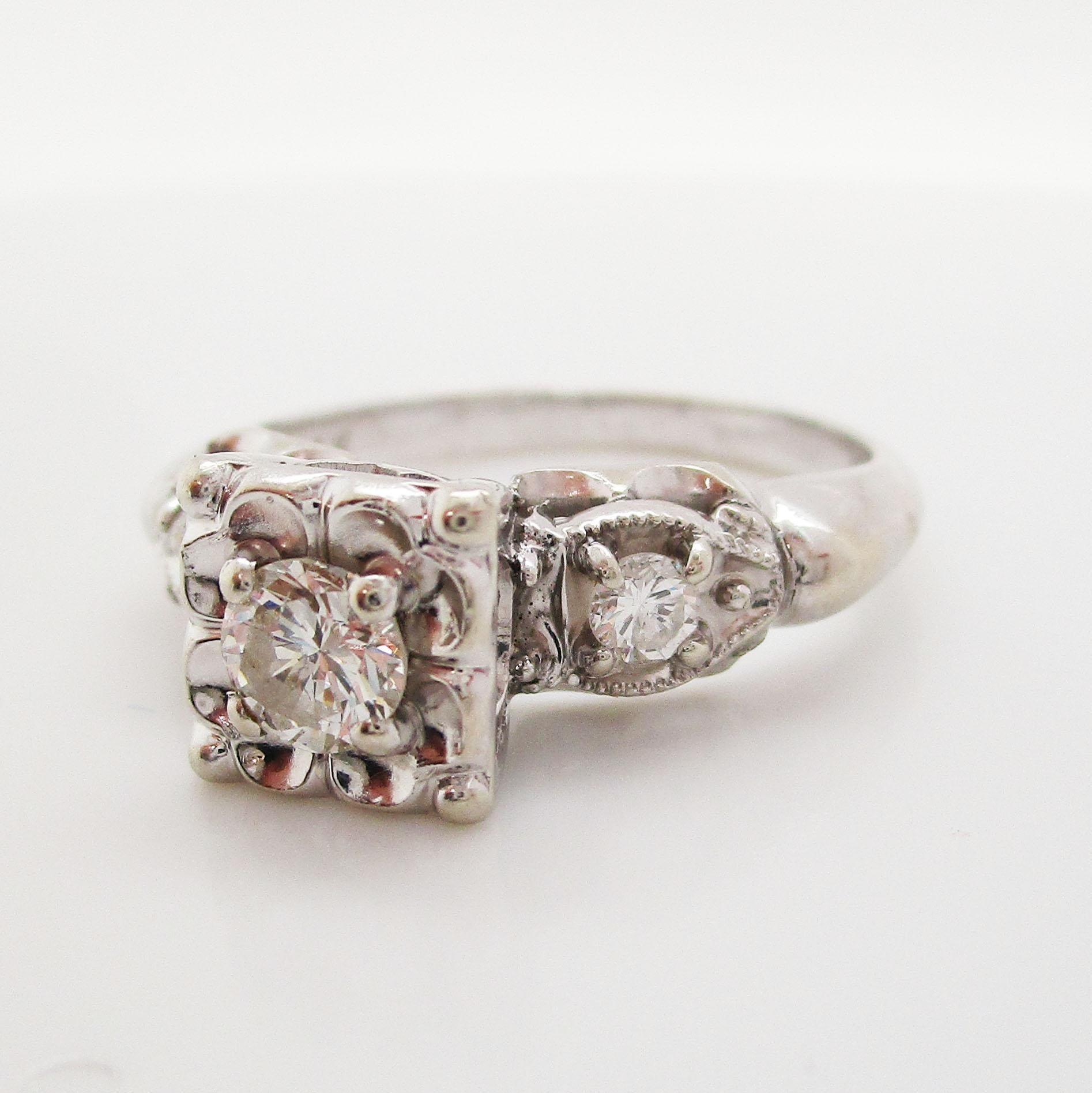 Vintage Midcentury 14 Karat Weißgold Diamant Hochzeit Set 3