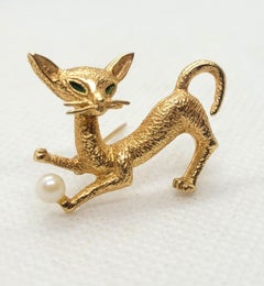 Vintage Mid-Century 14K Yellow Gold Cat Brooch Pearl & Green Enamel, 3.5 grams
