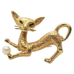 Vintage Mid-Century 14K Yellow Gold Cat Brooch Pearl & Green Enamel, 3.5 grams