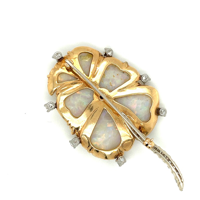 Art Nouveau Vintage Mid Century 18 Karat Carved Opal Diamond Flower Brooch For Sale