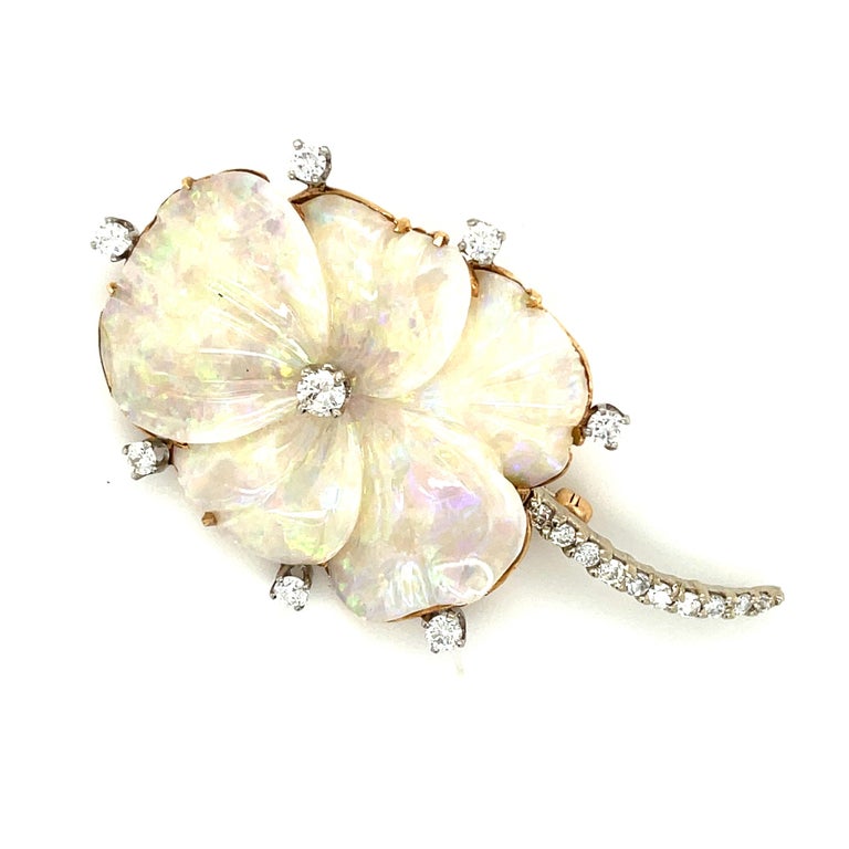 Cabochon Vintage Mid Century 18 Karat Carved Opal Diamond Flower Brooch For Sale