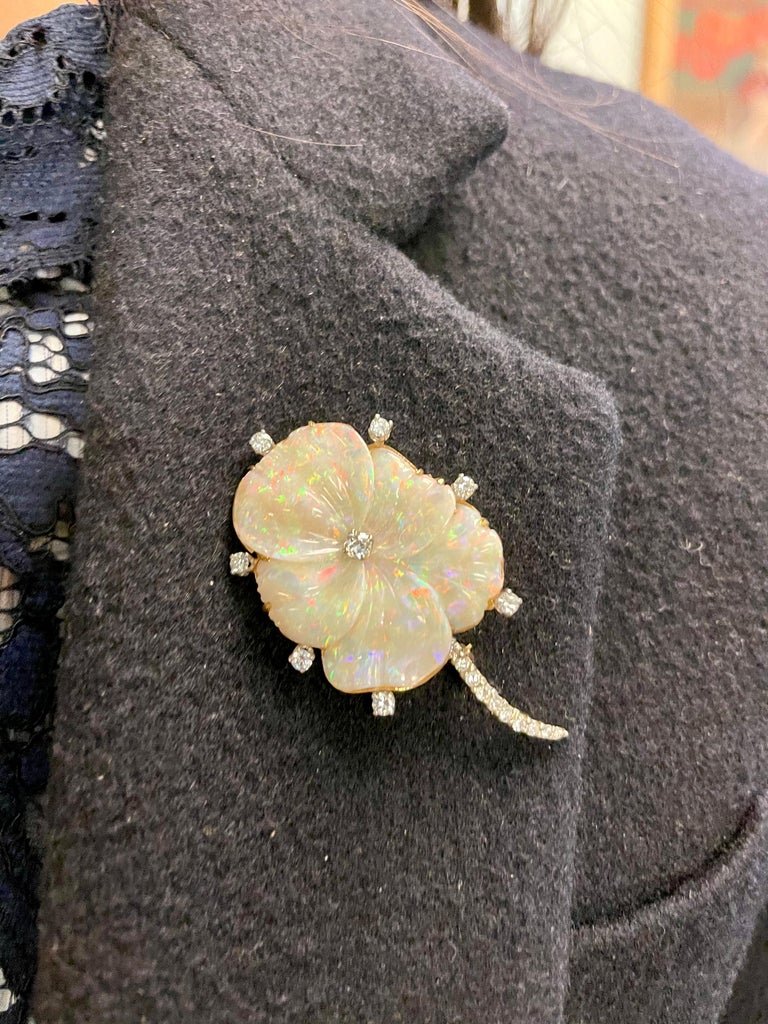 Vintage Mid Century 18 Karat Carved Opal Diamond Flower Brooch In Good Condition For Sale In New York, NY