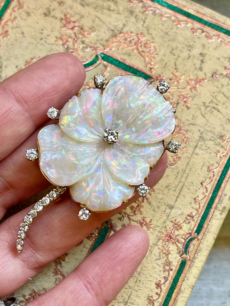 Women's or Men's Vintage Mid Century 18 Karat Carved Opal Diamond Flower Brooch For Sale