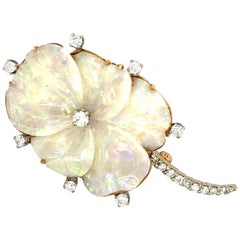 Retro Mid Century 18 Karat Carved Opal Diamond Flower Brooch