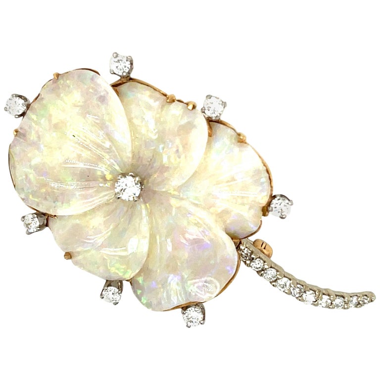 Vintage Mid Century 18 Karat Carved Opal Diamond Flower Brooch For Sale