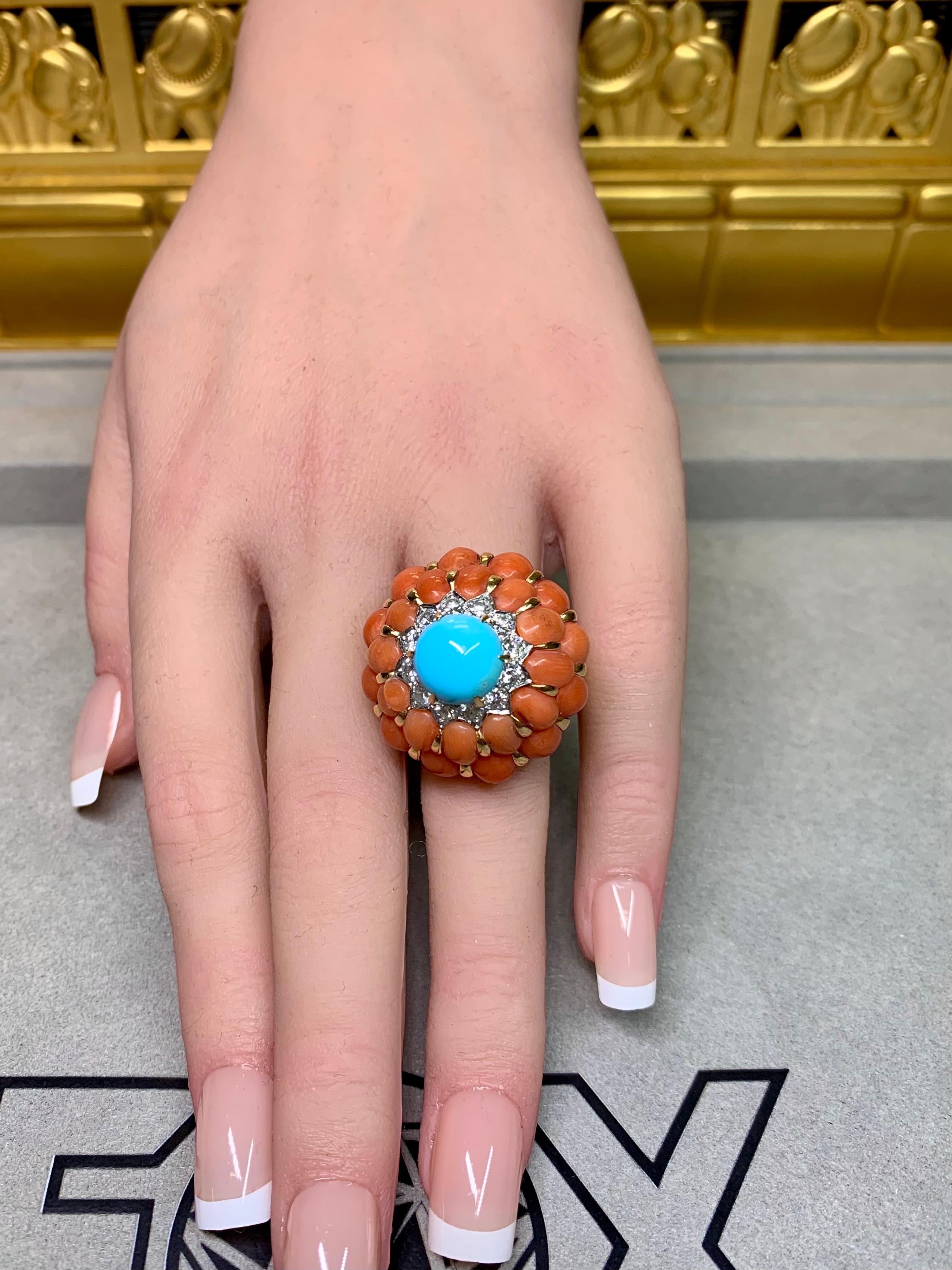 Anello da cocktail di metà secolo, persiano a 18 carati, con corallo e diamante, di grandi dimensioni in vendita 4