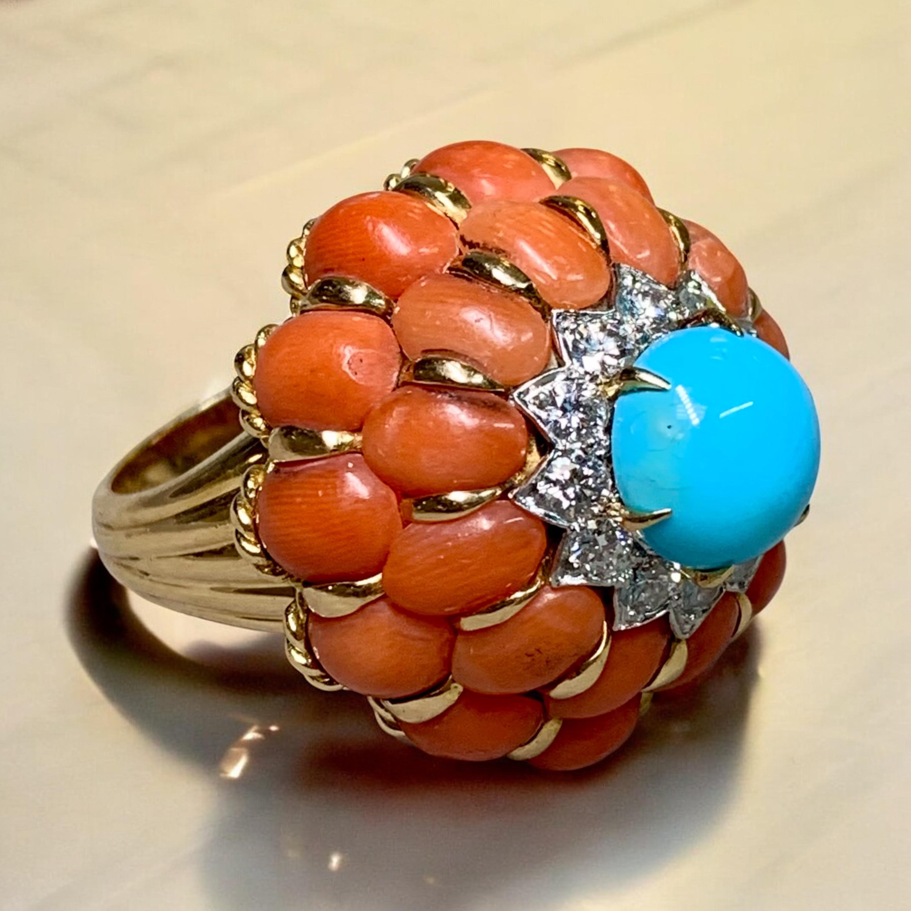 Anello da cocktail di metà secolo, persiano a 18 carati, con corallo e diamante, di grandi dimensioni in vendita 5