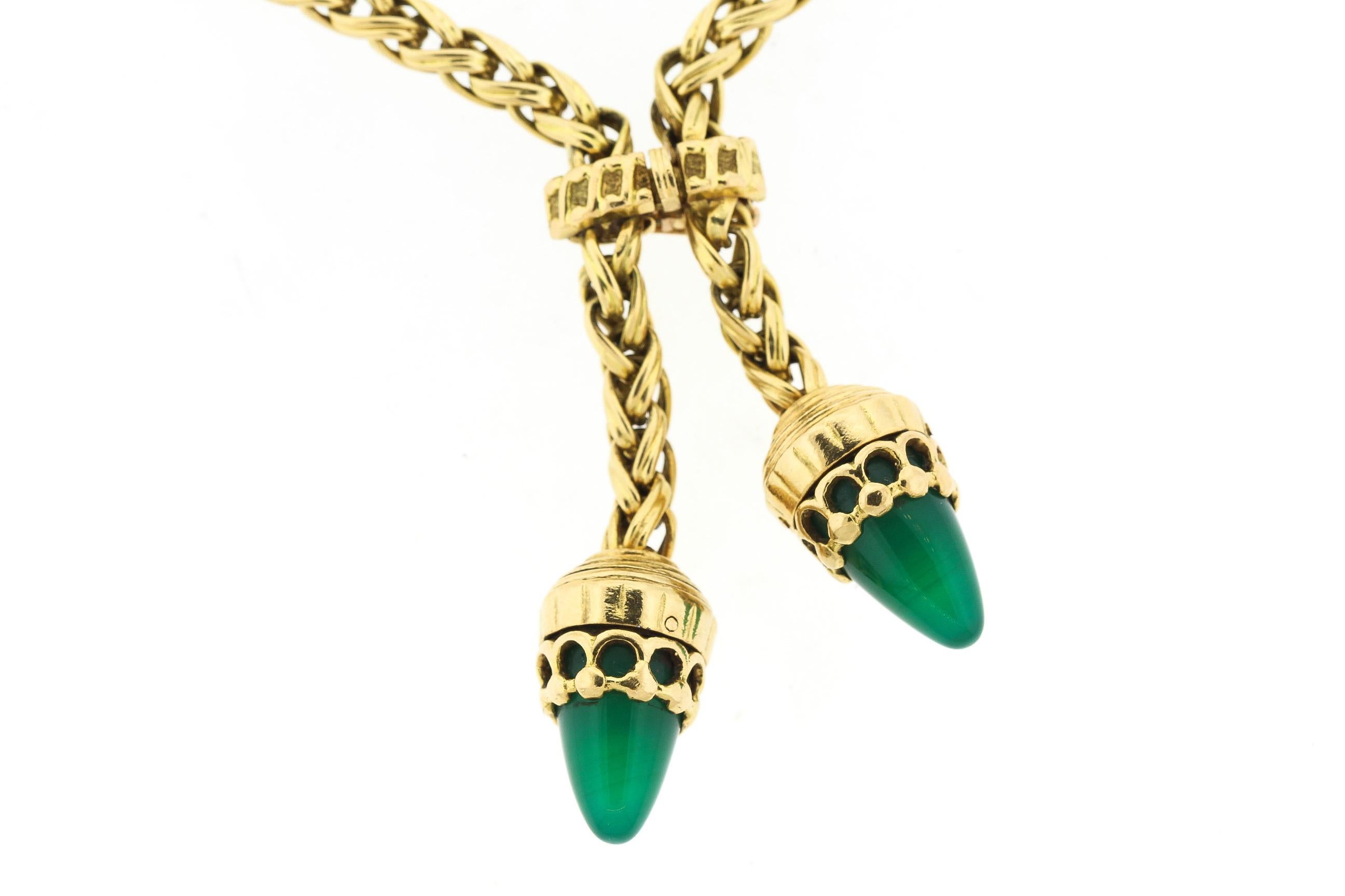 Modern Vintage Midcentury 18 Karat Rope Gold Tassel Bracelet with Chalcedony