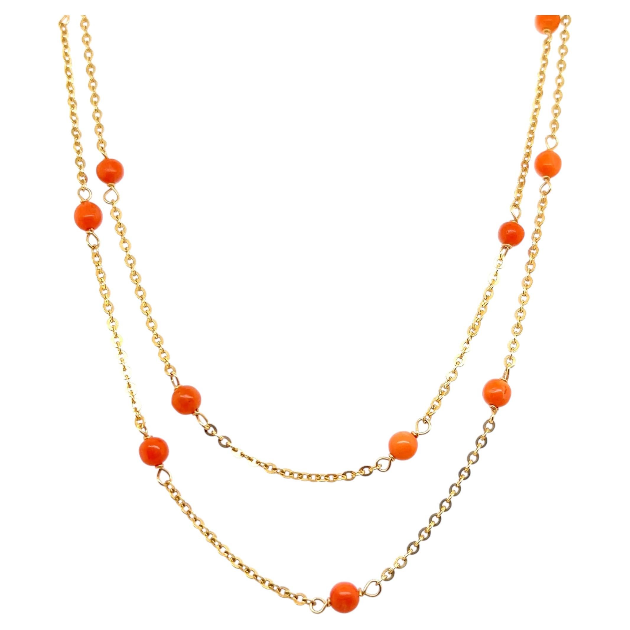 Vintage Mid Century 18k Yellow Gold Coral Bead Station Necklace 1960s