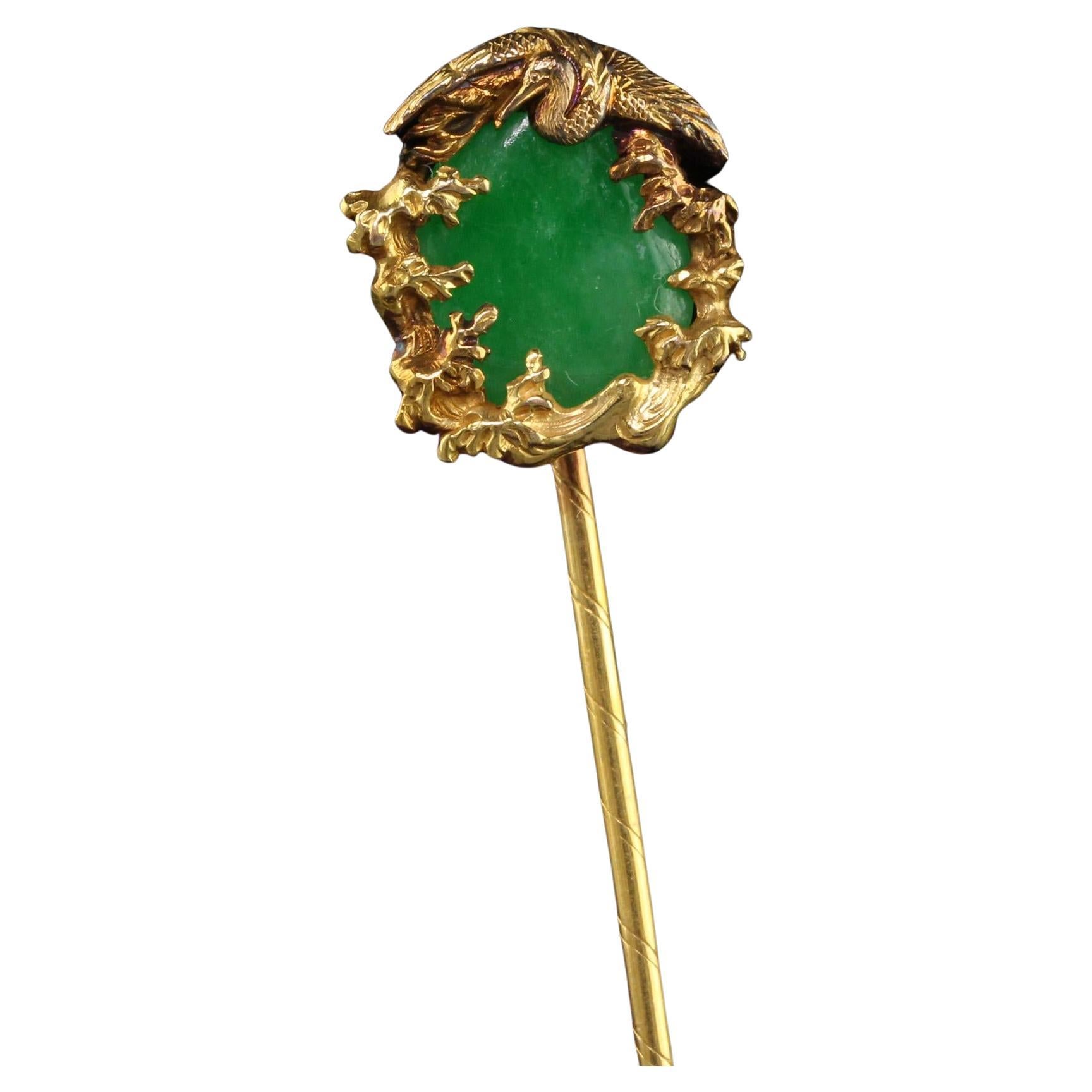 Vintage Mid Century 18K Yellow Gold Natural Jade Crane Stick Pin For Sale