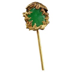 Vintage Mid Century 18K Yellow Gold Natural Jade Crane Stick Pin