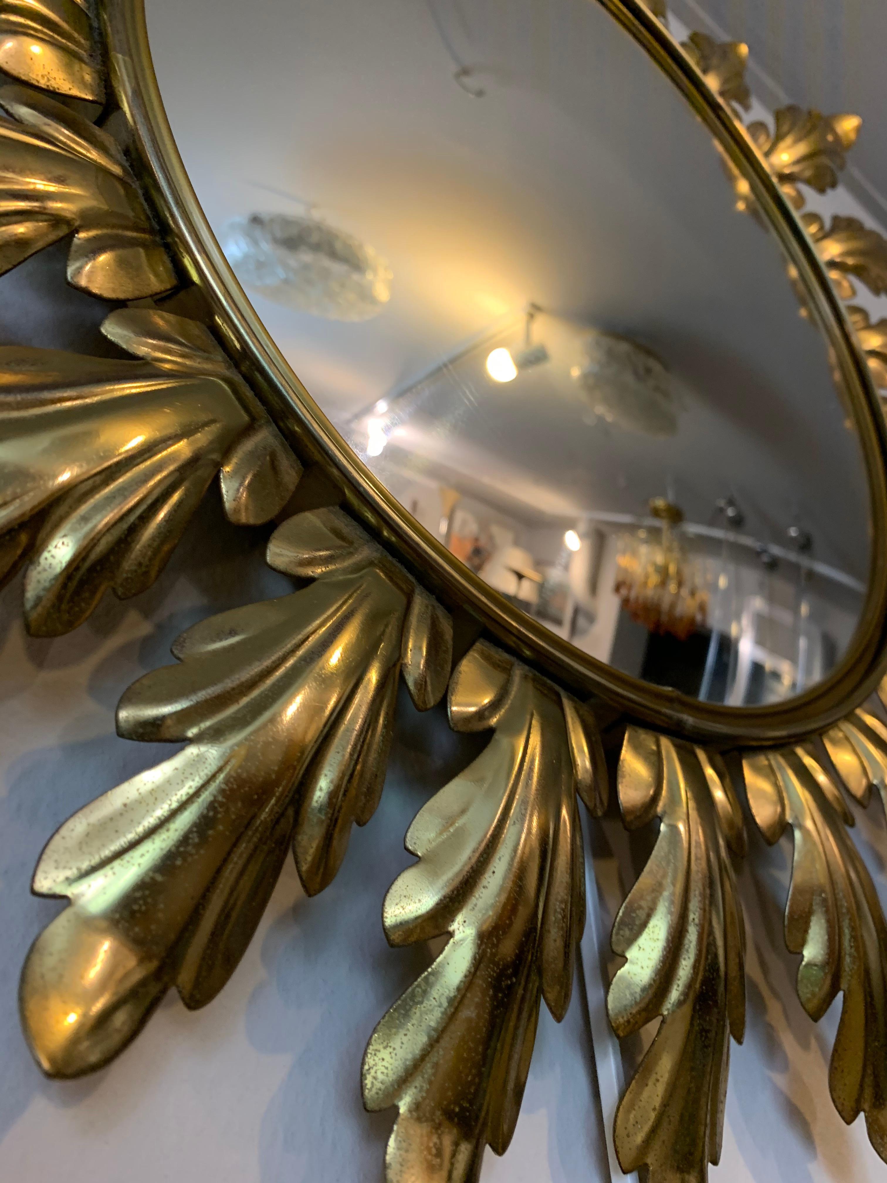 Mid-Century Modern Vintage Midcentury 1950s Belgium Deknudt Patinated Brass Leaf Wall Mirror
