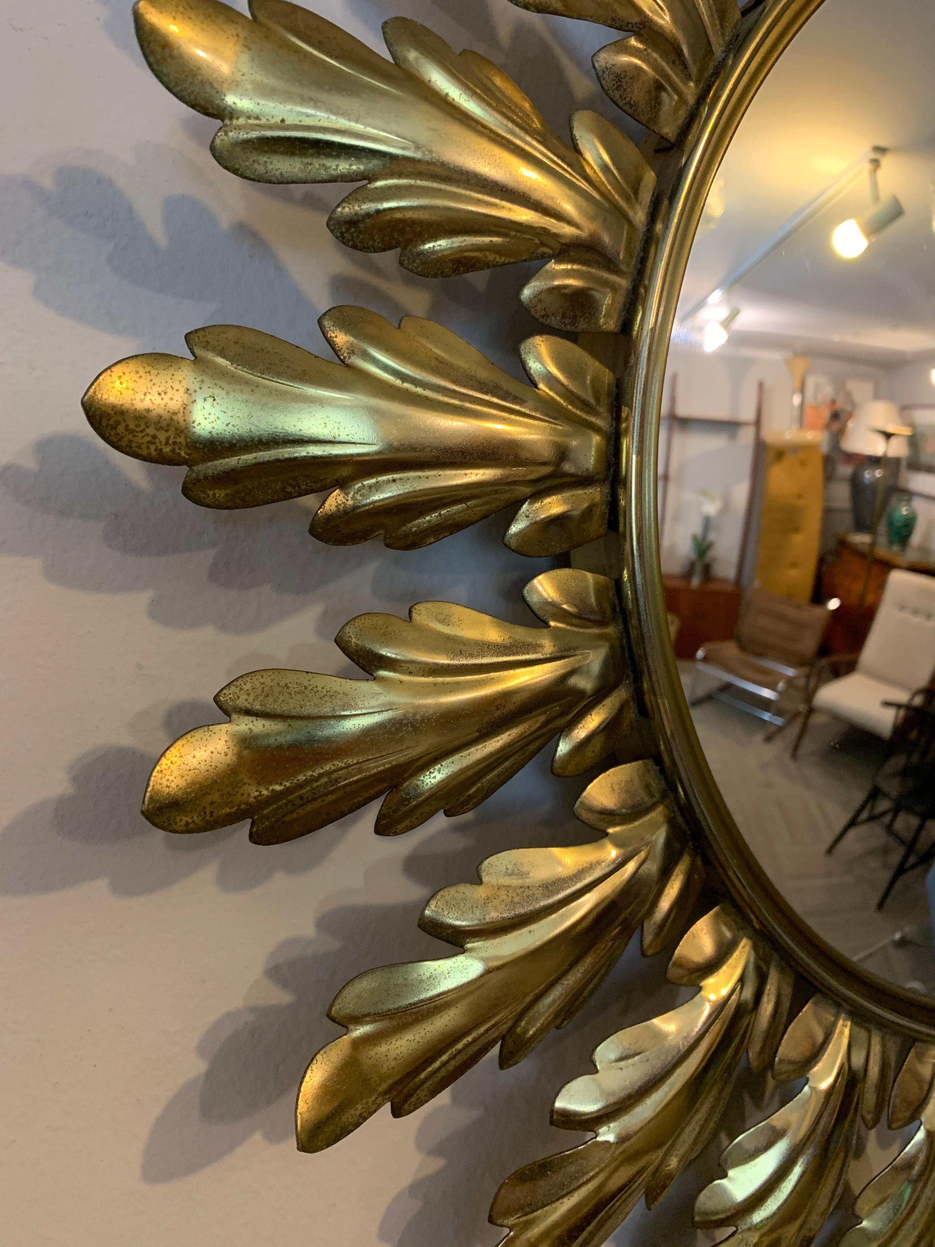 20th Century Vintage Midcentury 1950s Belgium Deknudt Patinated Brass Leaf Wall Mirror