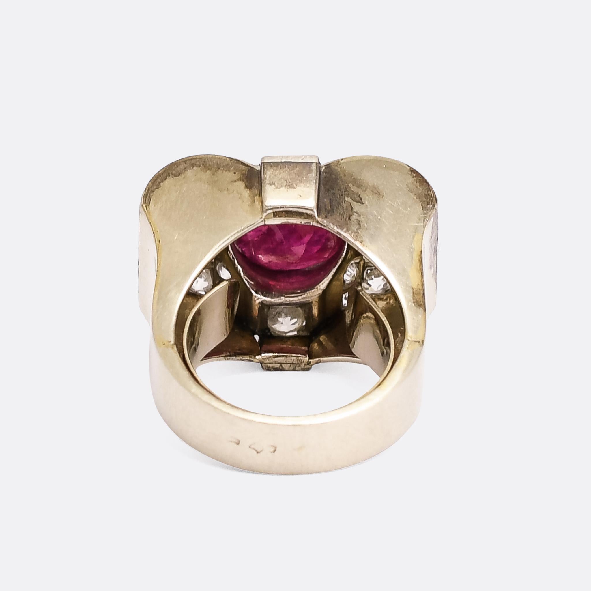 Modernist Vintage Mid-Century 4.77ct Burma Ruby Cocktail Ring For Sale