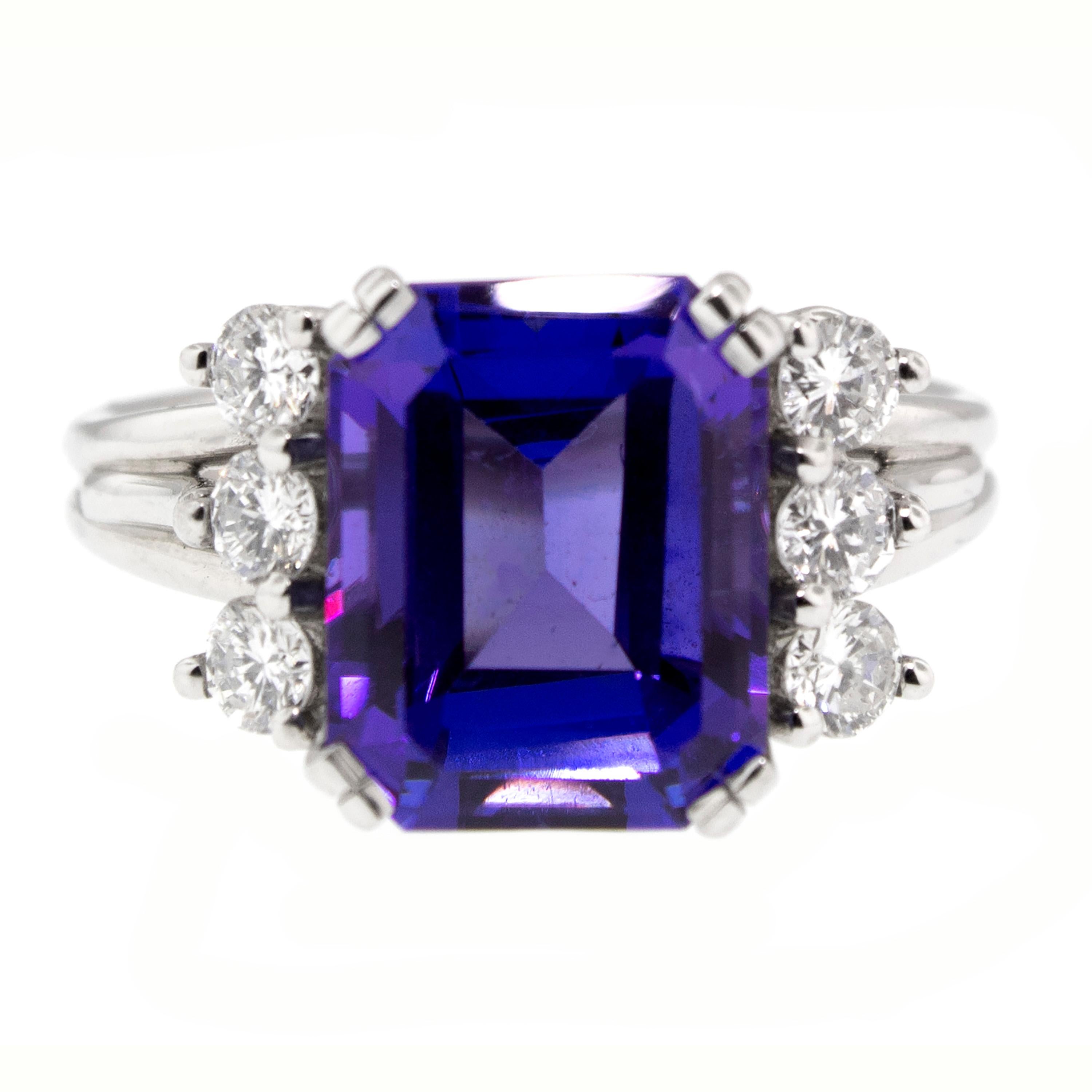 Early Mined 4.85 Carat Tanzanite in Diamond and Platinum Custom Vintage  Ring In Good Condition In Logan, UT