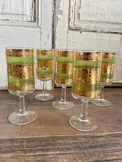 Retro Mid Century 60s Culver Starlyte Green & 22k Gold Stem Cocktail Glasses 