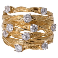 Vintage Mid Century 7 Row Ribbon Diamond Wide Cigar Band Ring