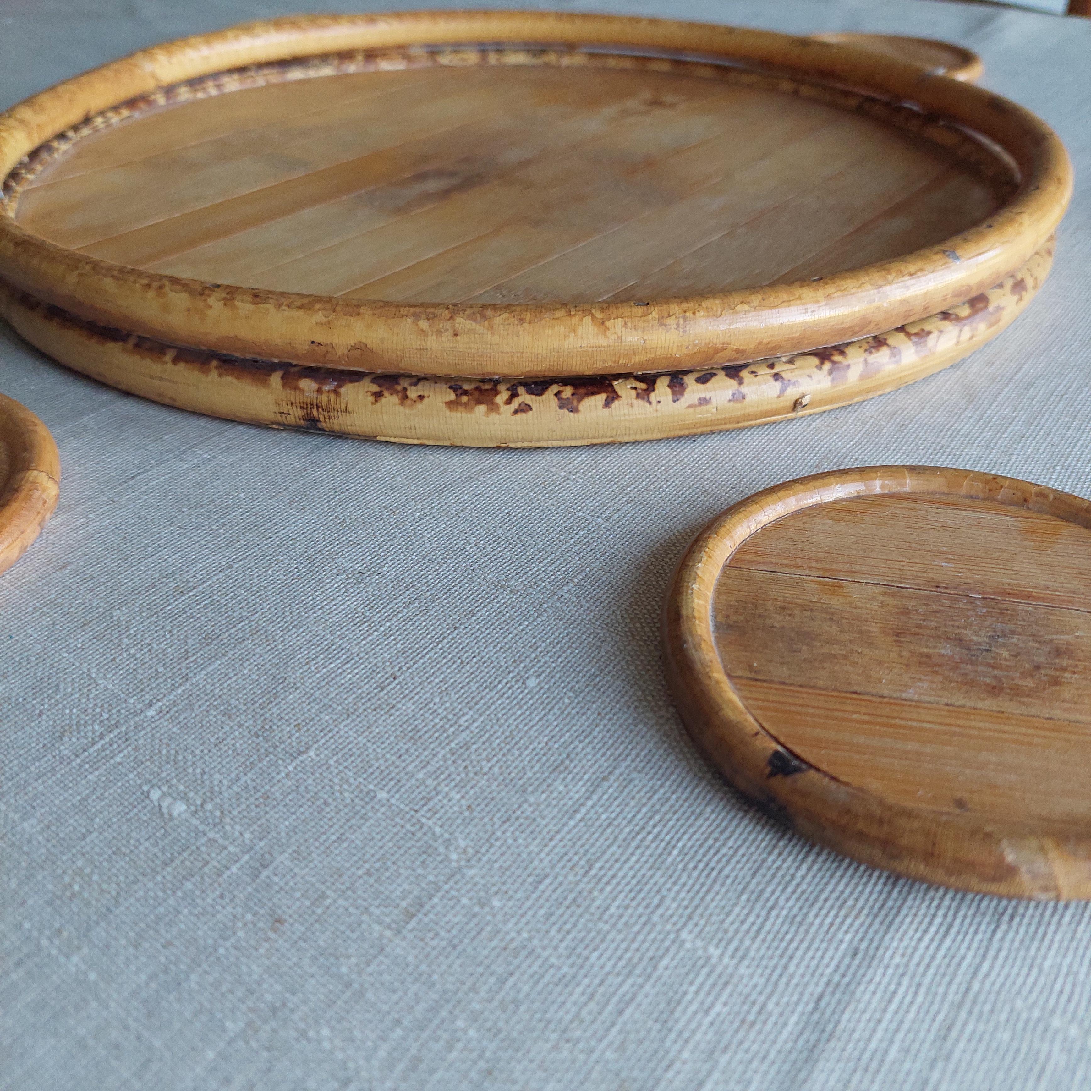 Vintage mid century 70s bamboo serving tray & coasters set For Sale 5