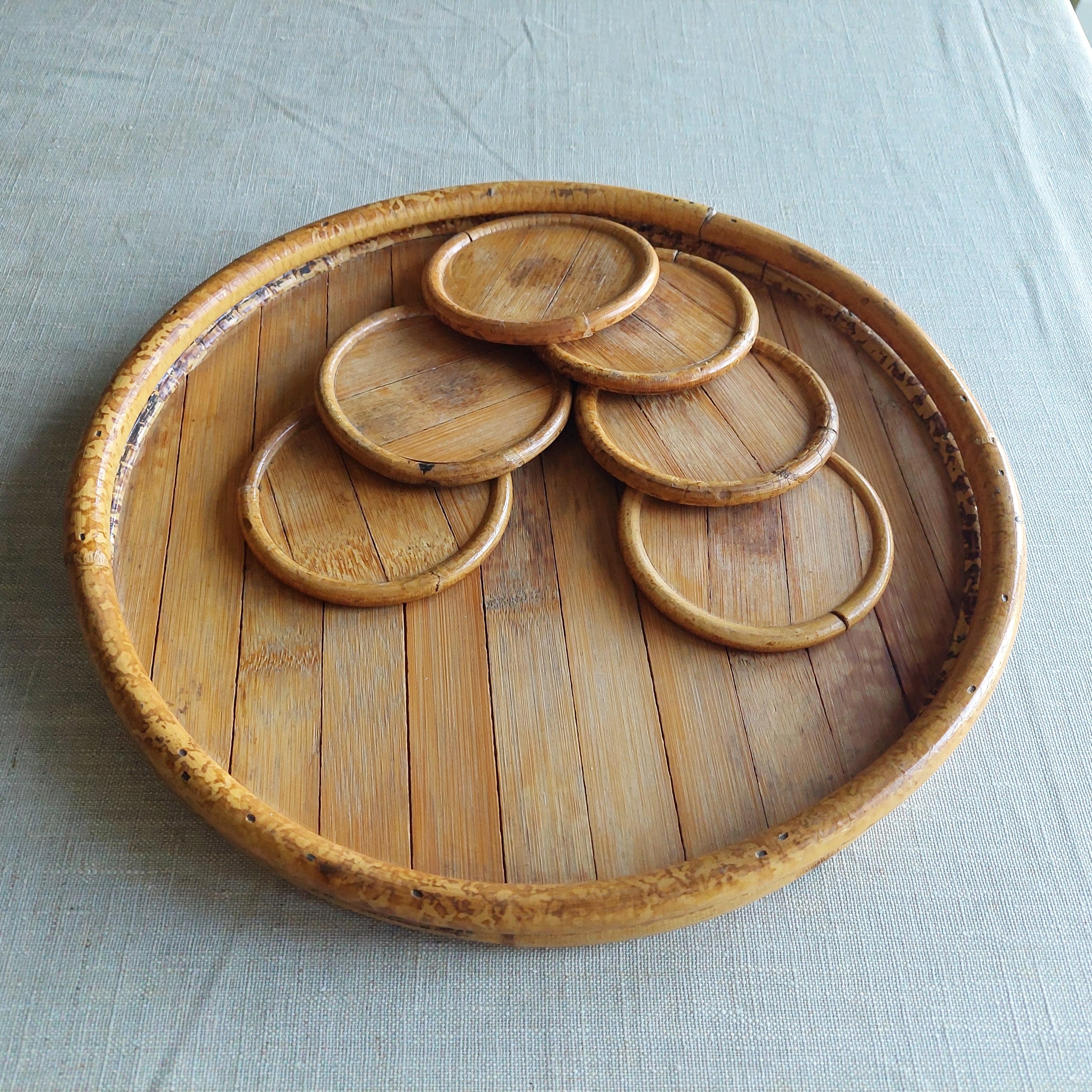 Bohemian Vintage mid century 70s bamboo serving tray & coasters set For Sale
