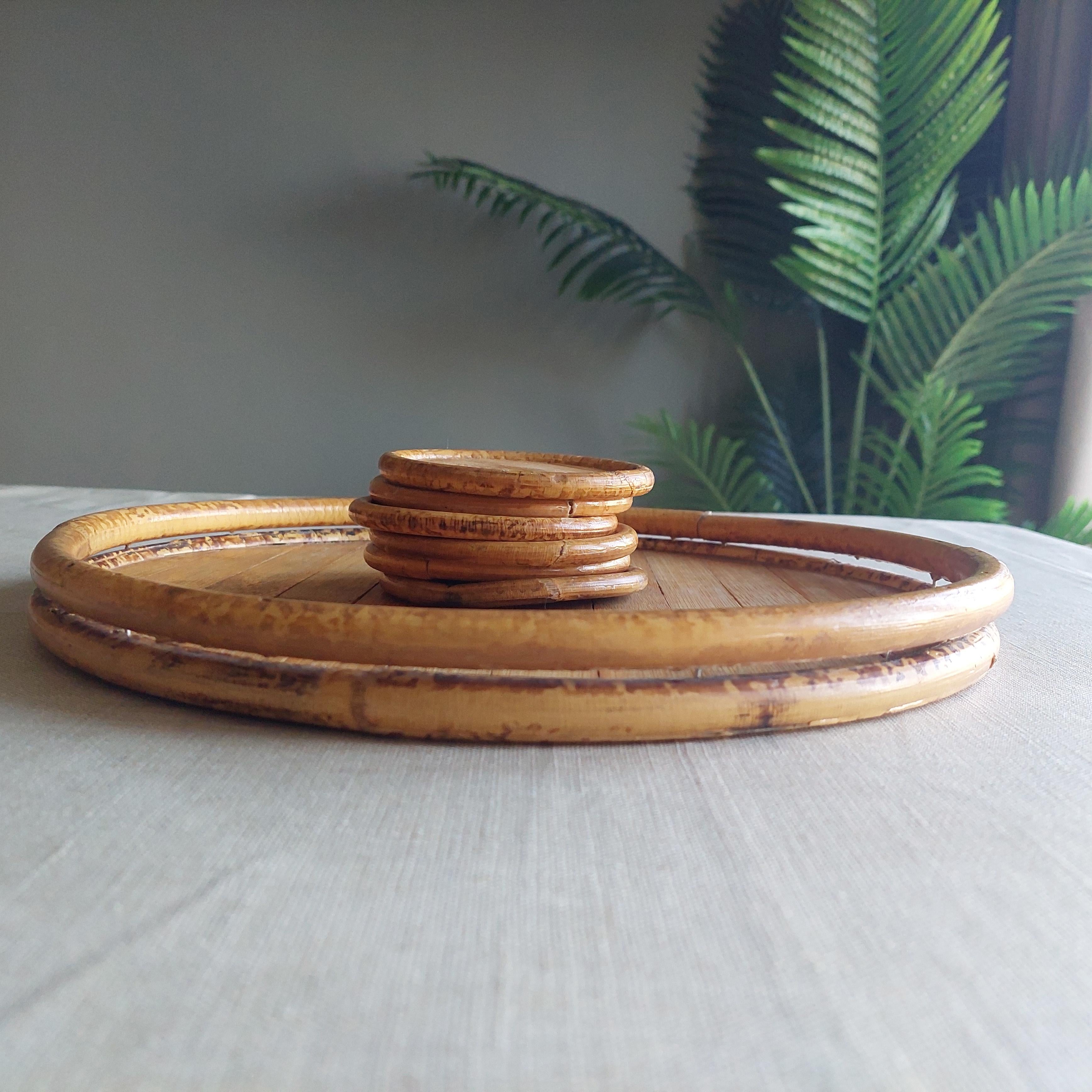 European Vintage mid century 70s bamboo serving tray & coasters set For Sale