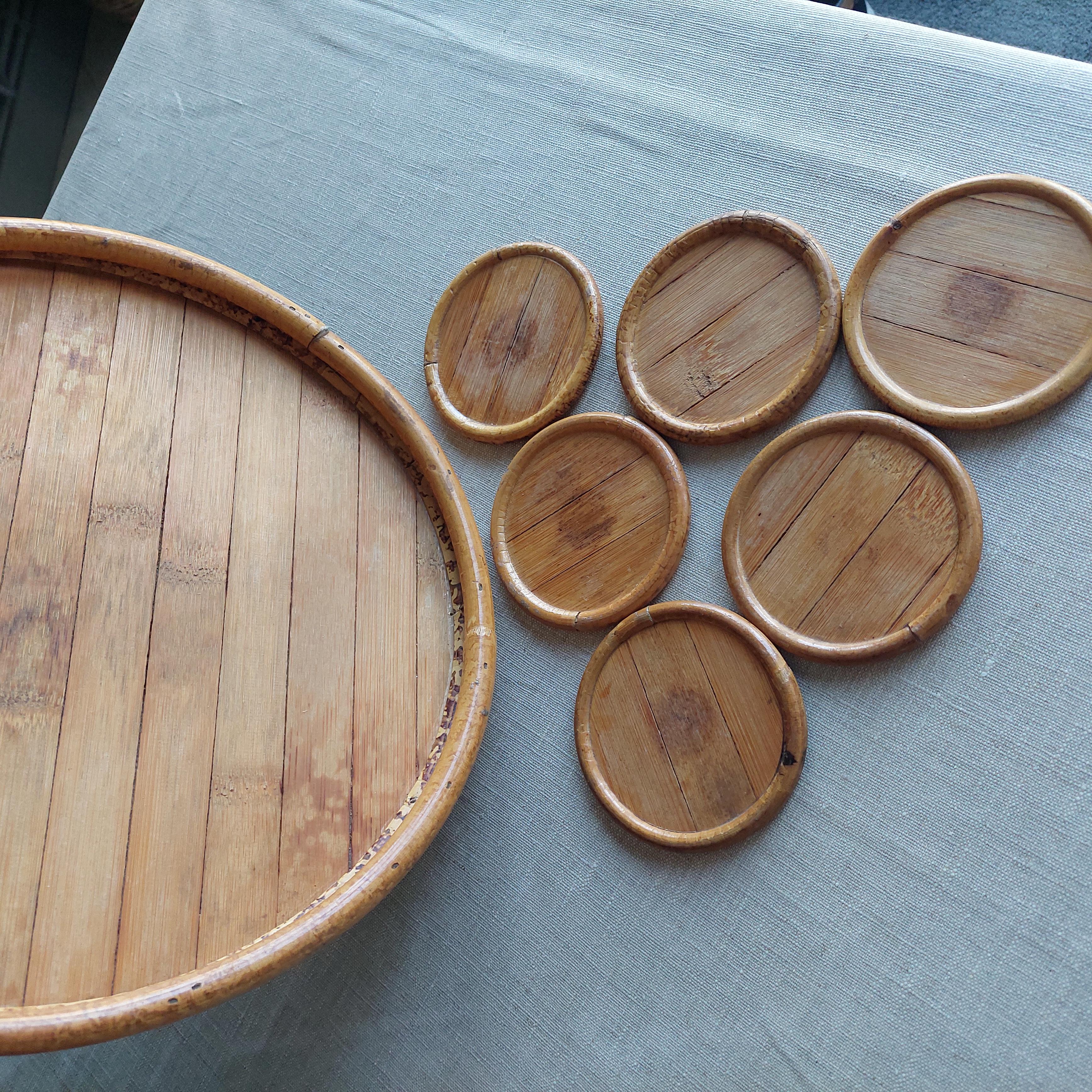 Bamboo Vintage mid century 70s bamboo serving tray & coasters set For Sale