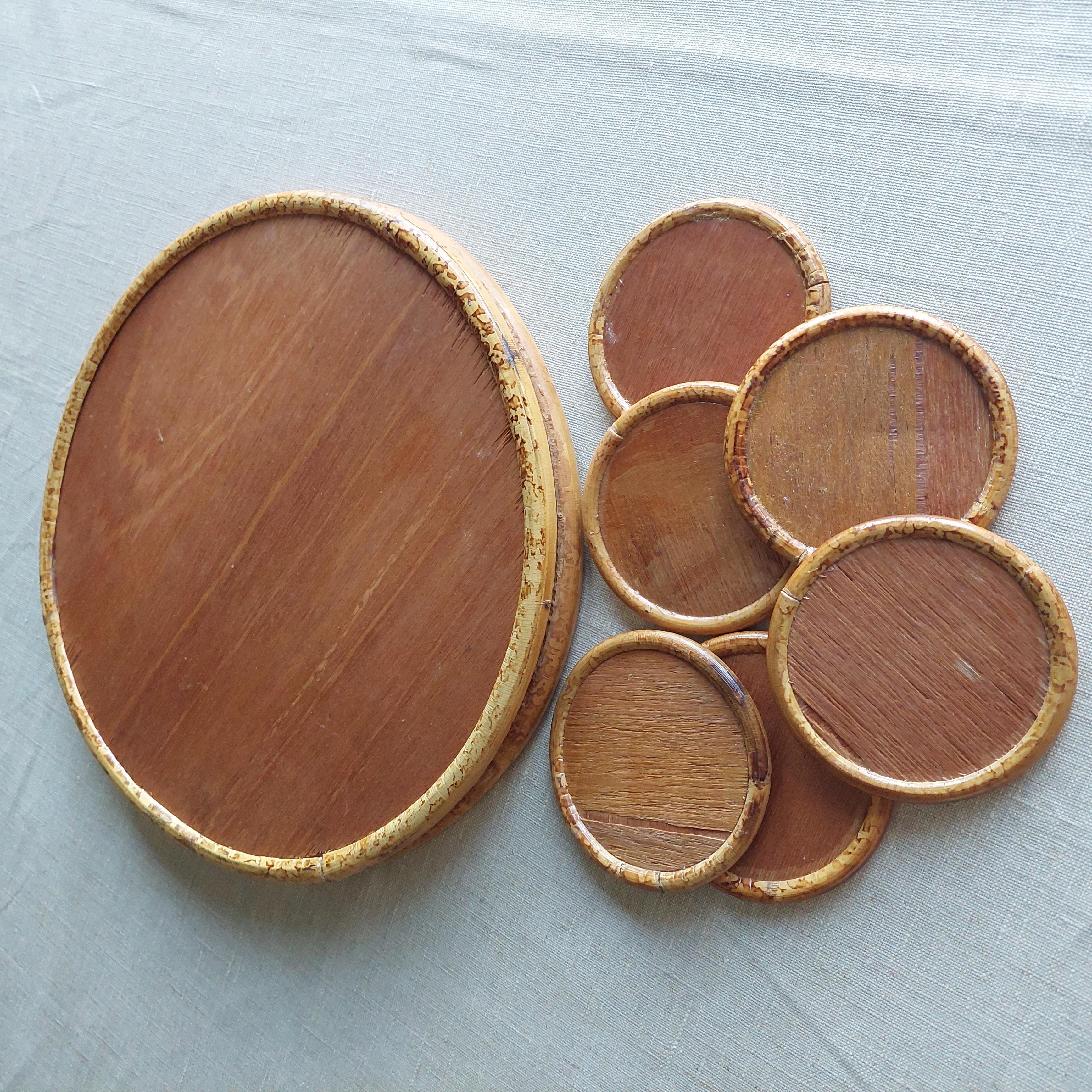 Vintage mid century 70s bamboo serving tray & coasters set For Sale 1