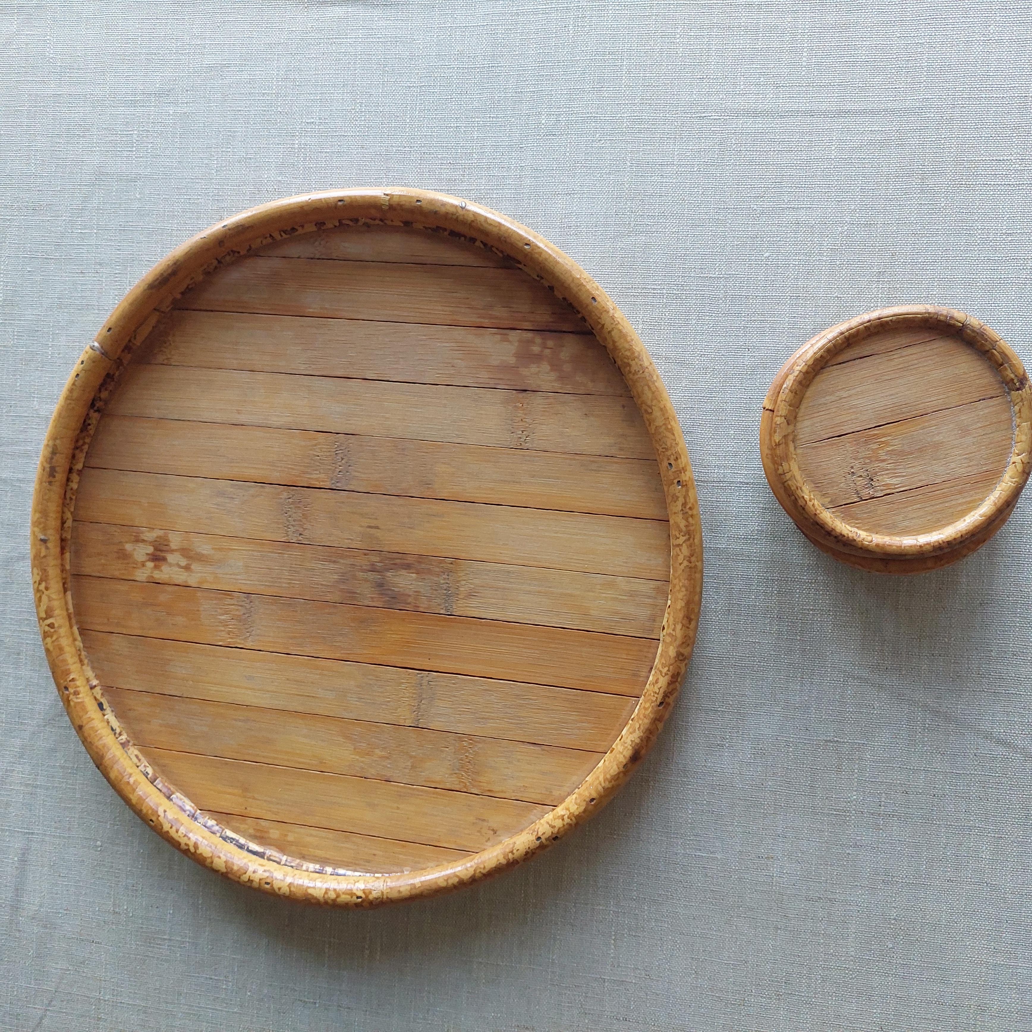 Vintage mid century 70s bamboo serving tray & coasters set For Sale 2