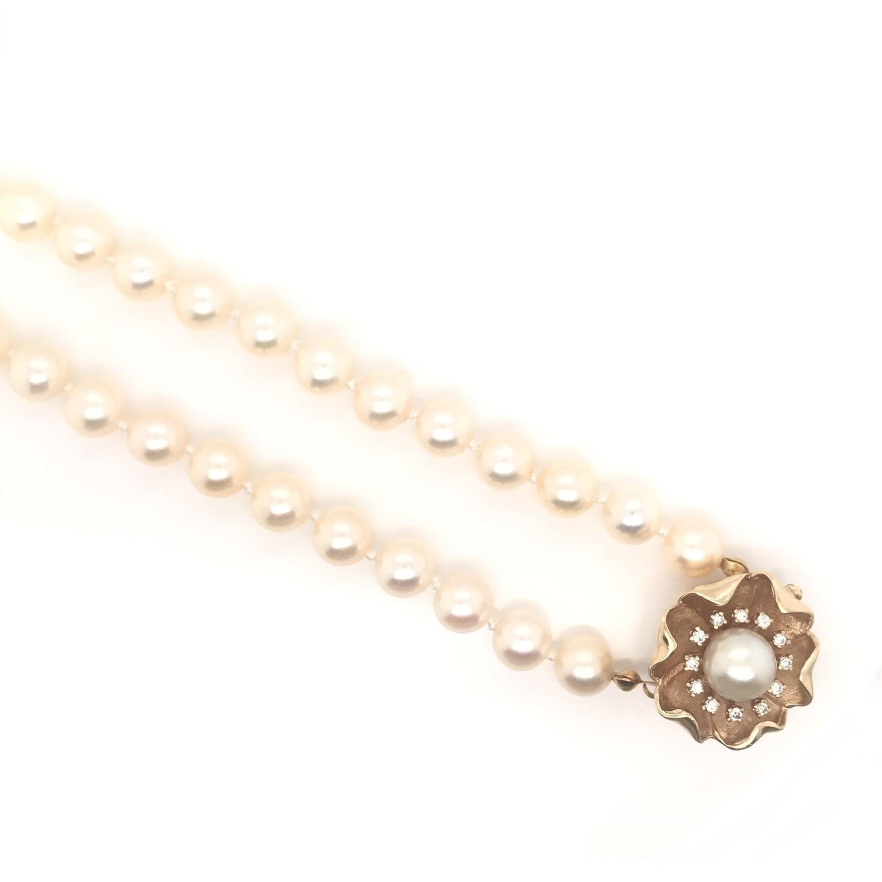 This vintage pearl necklace was crafted sometime during the Mid Century design period (1940-1960). The Mid Century or “Retro” design period was the golden age of cultured pearls. There might not be any other gem so absolutely iconic to the 1950’s