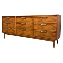 Vintage Mid Century 9-Drawer Dresser with Walnut Burl Accents with Brass handles