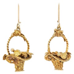 Vintage Mid Century 9ct Gold Basket and Flowers Drop Earrings, Circa 1956
